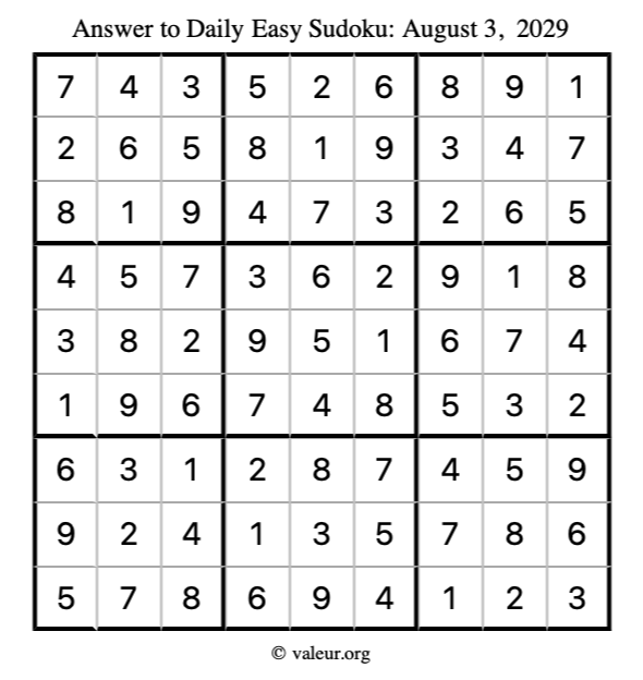 Answer to easy sudoku August 3, 2029
