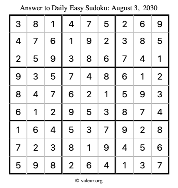 Answer to easy sudoku August 3, 2030