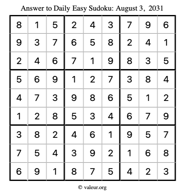 Answer to easy sudoku August 3, 2031