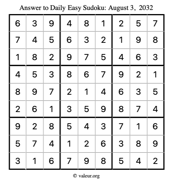 Answer to easy sudoku August 3, 2032
