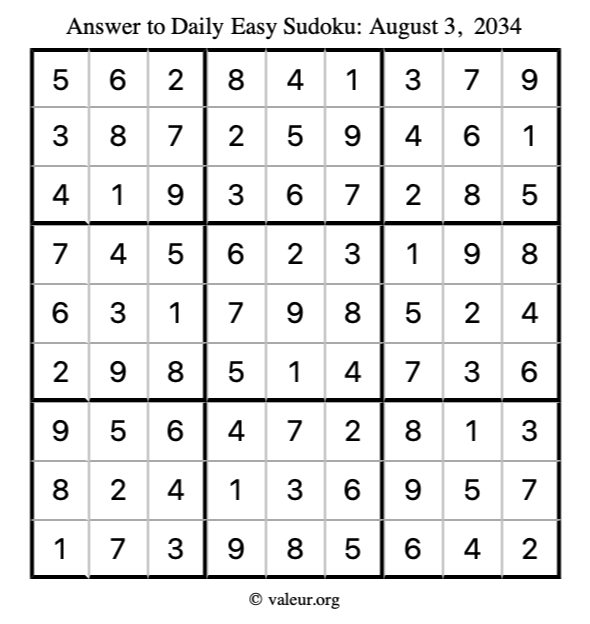 Answer to easy sudoku August 3, 2034