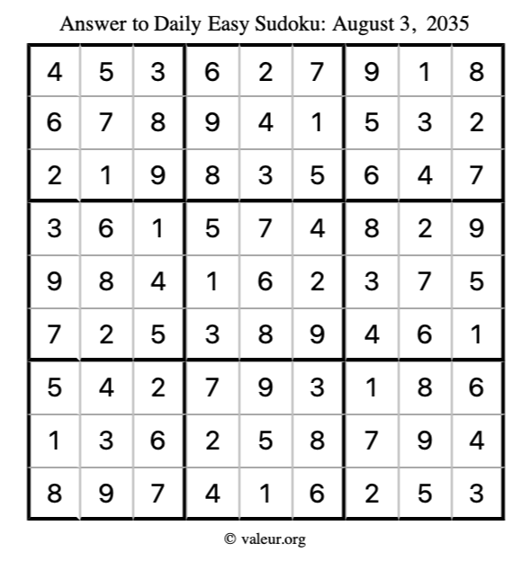 Answer to easy sudoku August 3, 2035