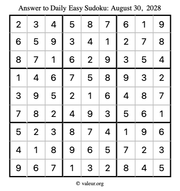 Answer to easy sudoku August 30, 2028