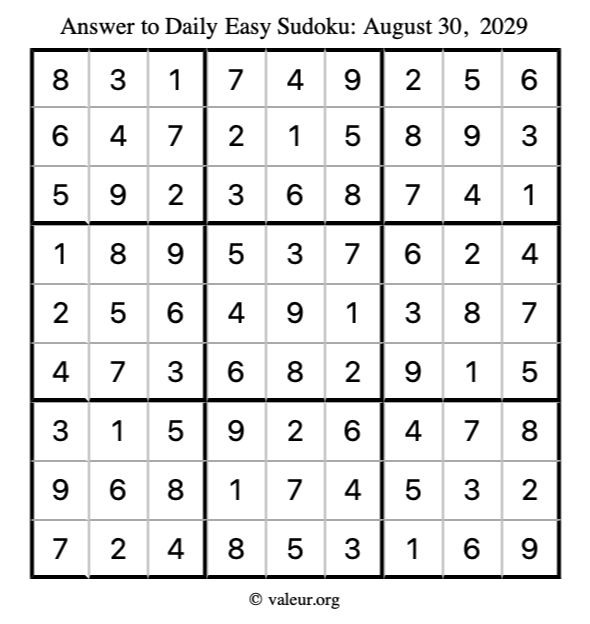 Answer to easy sudoku August 30, 2029