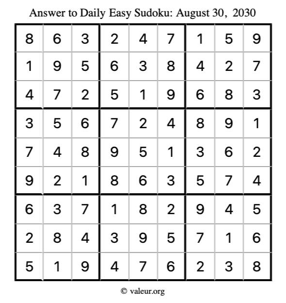 Answer to easy sudoku August 30, 2030