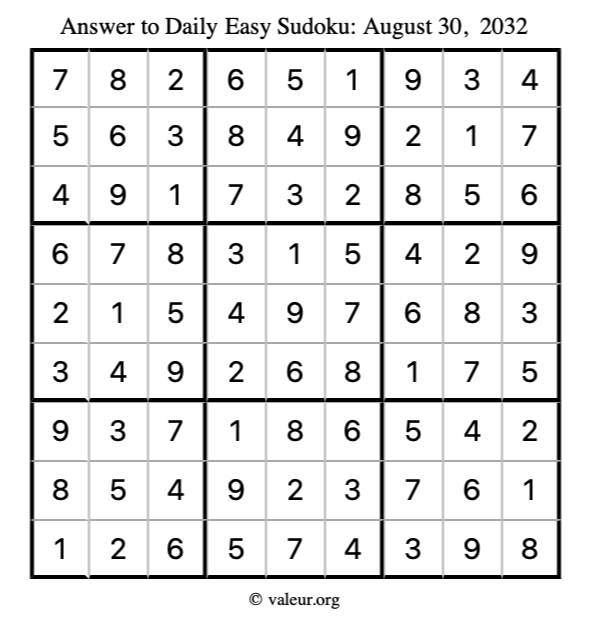 Answer to easy sudoku August 30, 2032
