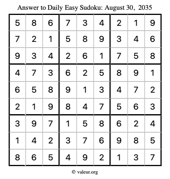 Answer to easy sudoku August 30, 2035