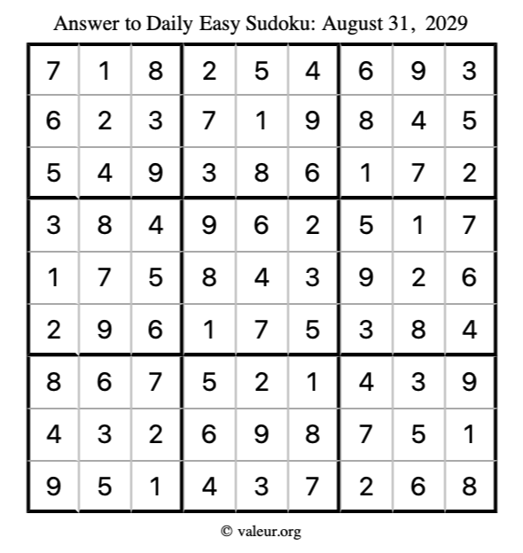 Answer to easy sudoku August 31, 2029
