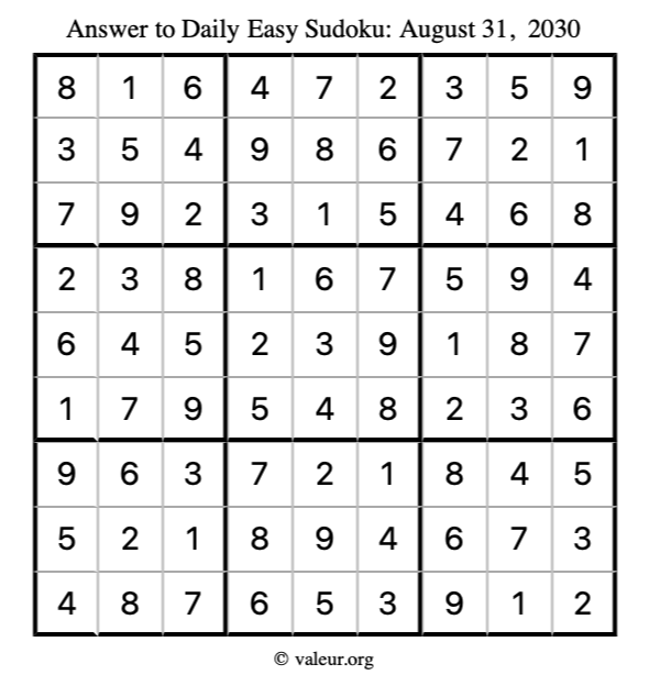 Answer to easy sudoku August 31, 2030