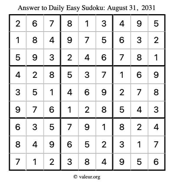 Answer to easy sudoku August 31, 2031