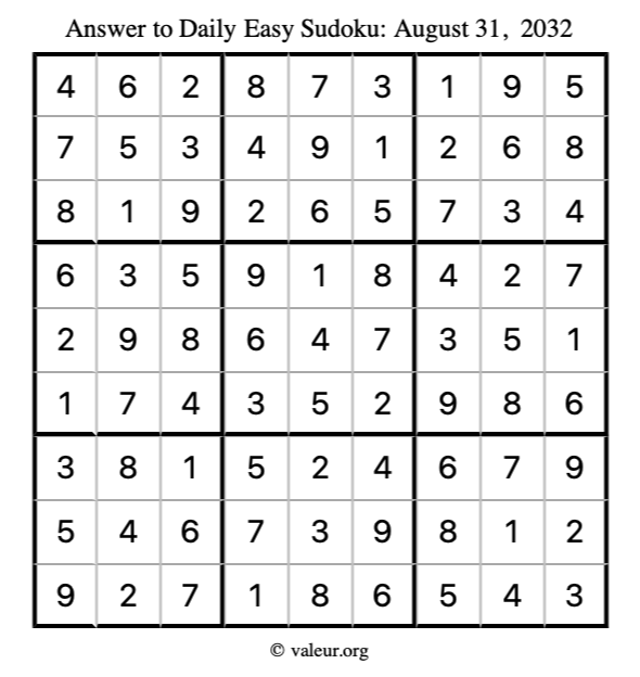Answer to easy sudoku August 31, 2032