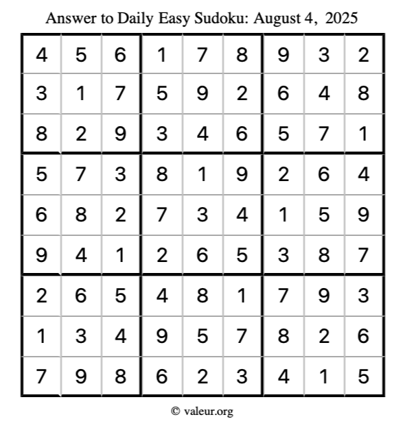 Answer to easy sudoku August 4, 2025