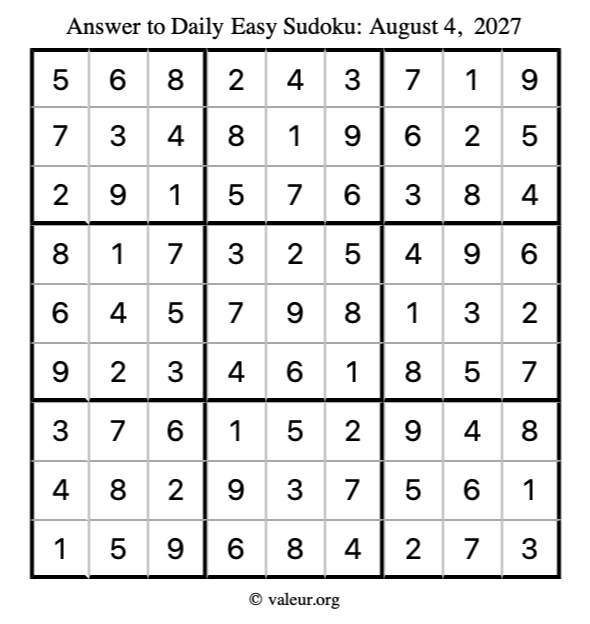 Answer to easy sudoku August 4, 2027