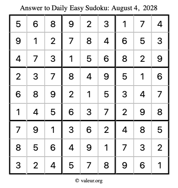 Answer to easy sudoku August 4, 2028