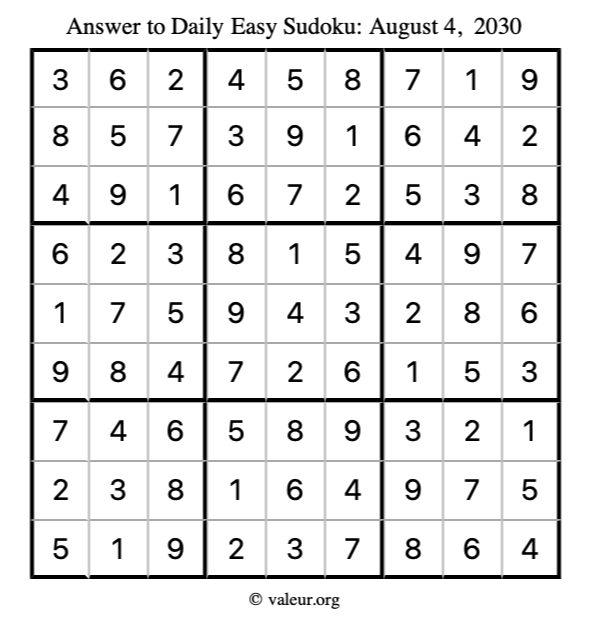 Answer to easy sudoku August 4, 2030