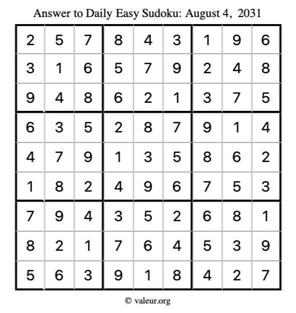 Answer to easy sudoku August 4, 2031