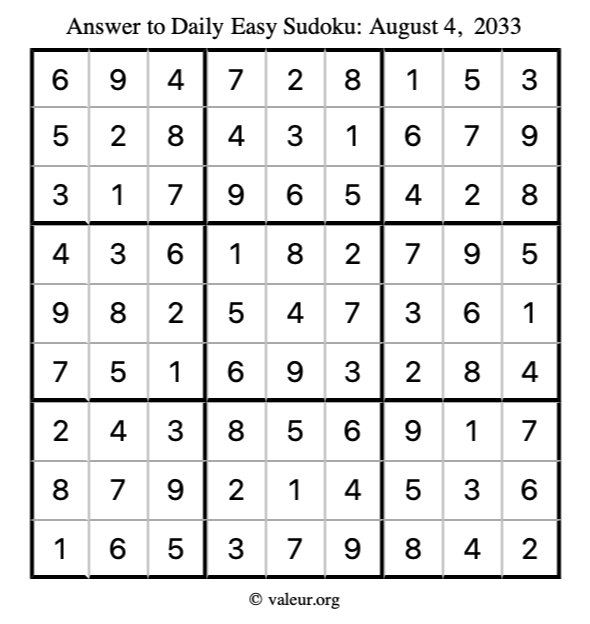 Answer to easy sudoku August 4, 2033