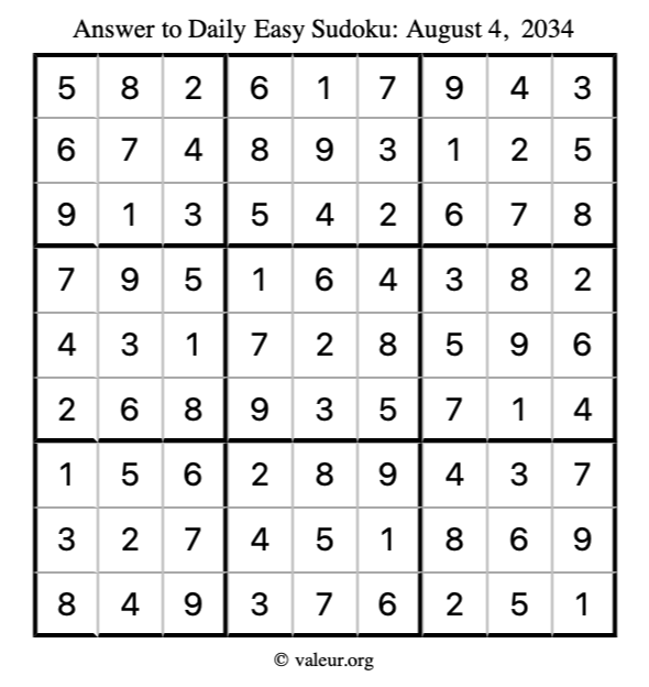 Answer to easy sudoku August 4, 2034