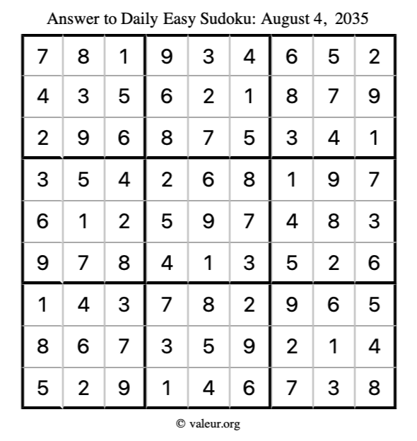 Answer to easy sudoku August 4, 2035