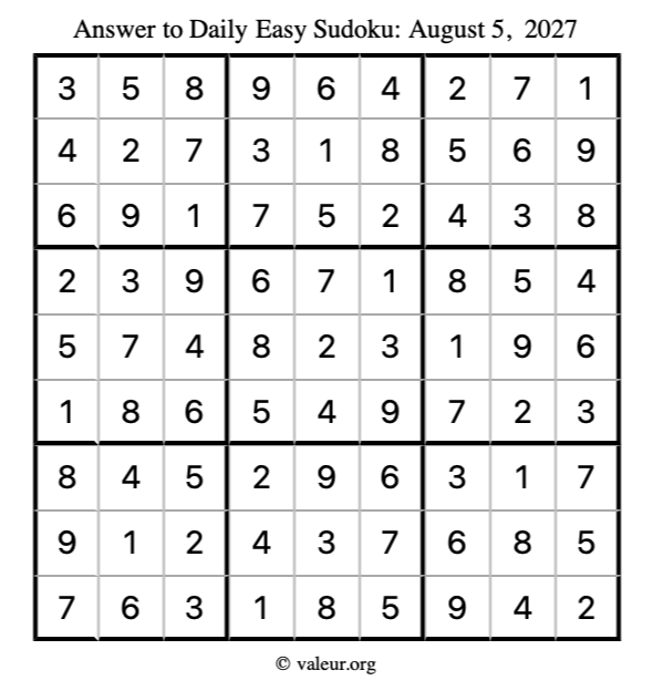 Answer to easy sudoku August 5, 2027