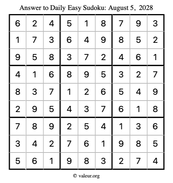 Answer to easy sudoku August 5, 2028
