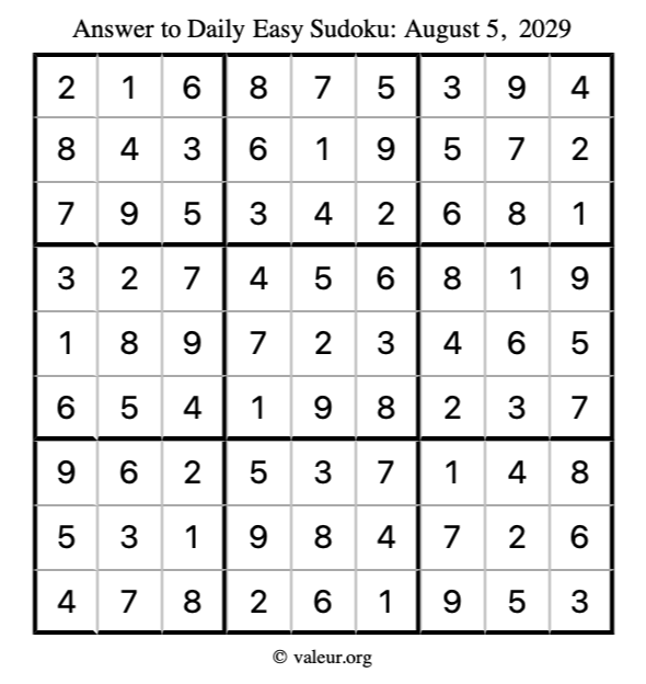 Answer to easy sudoku August 5, 2029