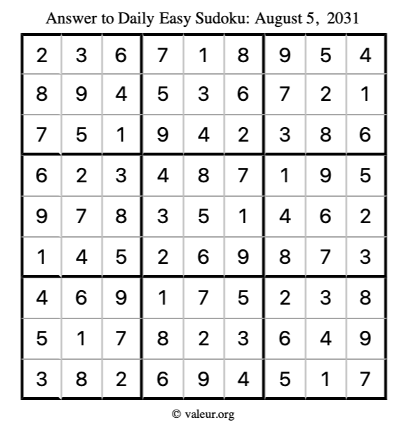 Answer to easy sudoku August 5, 2031