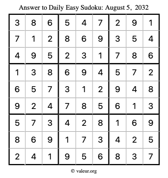 Answer to easy sudoku August 5, 2032