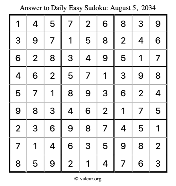 Answer to easy sudoku August 5, 2034