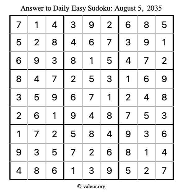 Answer to easy sudoku August 5, 2035
