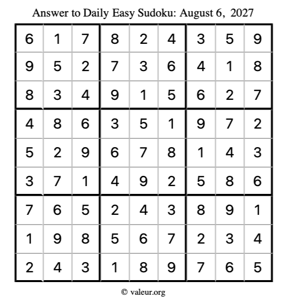Answer to easy sudoku August 6, 2027