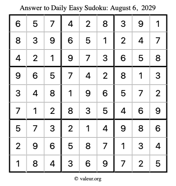 Answer to easy sudoku August 6, 2029