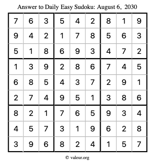 Answer to easy sudoku August 6, 2030