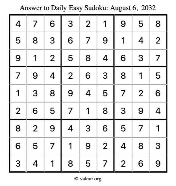 Answer to easy sudoku August 6, 2032