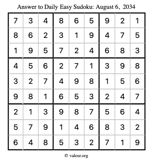 Answer to easy sudoku August 6, 2034