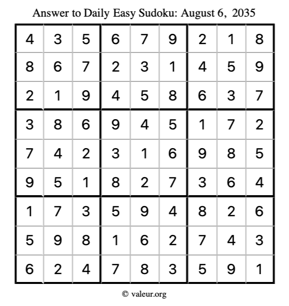 Answer to easy sudoku August 6, 2035