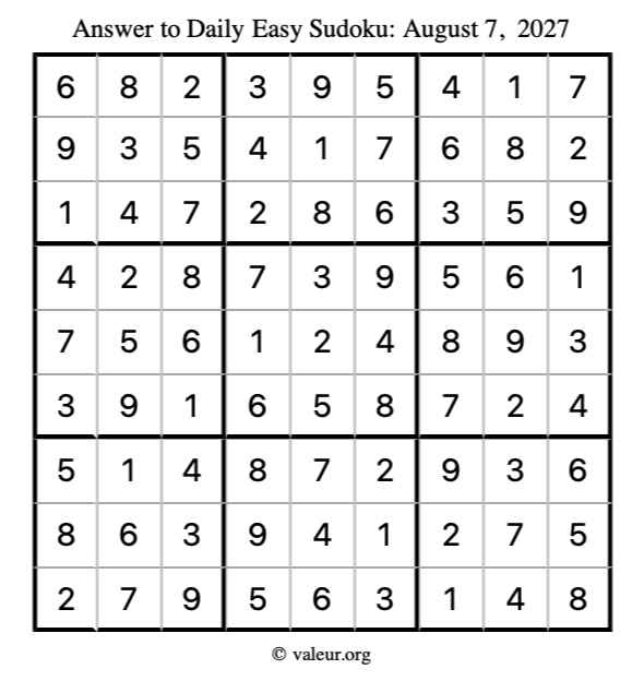 Answer to easy sudoku August 7, 2027