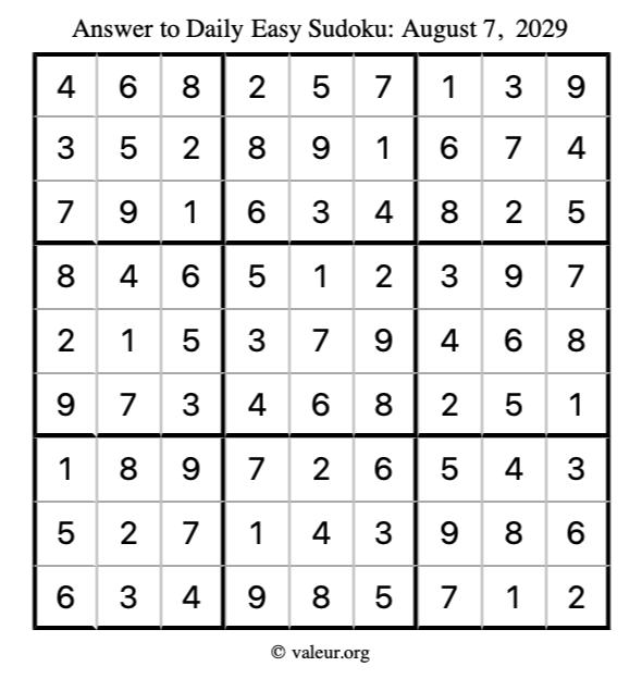 Answer to easy sudoku August 7, 2029