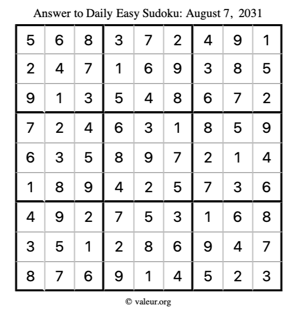 Answer to easy sudoku August 7, 2031