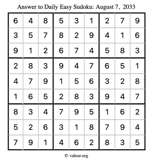 Answer to easy sudoku August 7, 2033