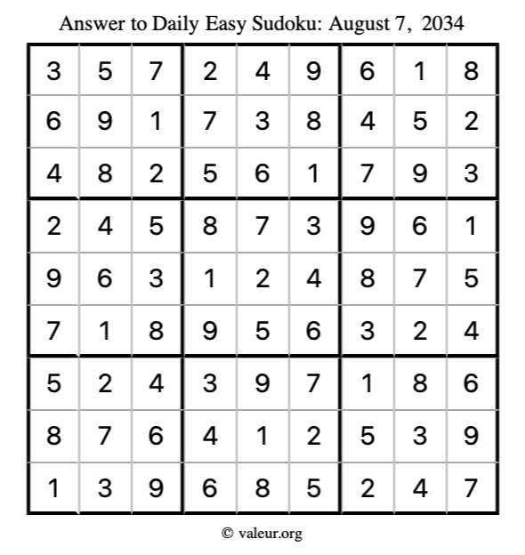 Answer to easy sudoku August 7, 2034