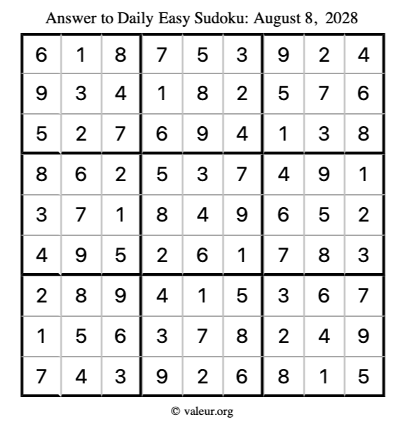 Answer to easy sudoku August 8, 2028