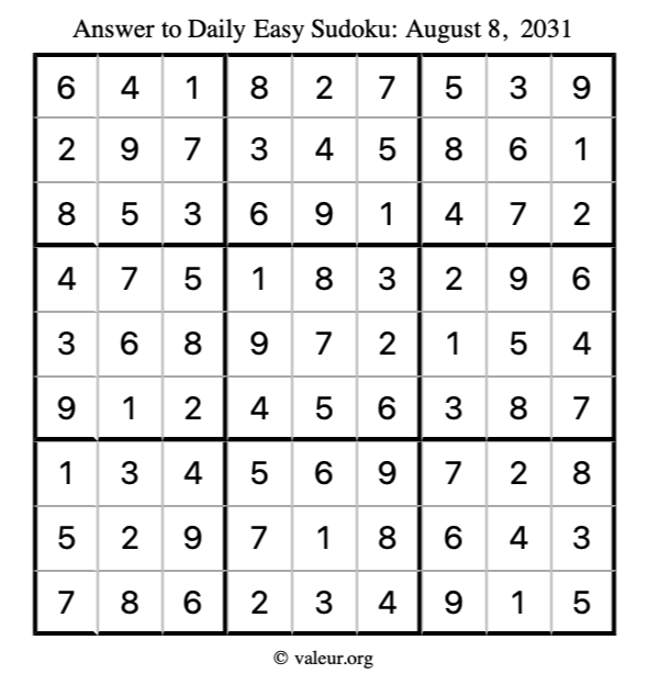 Answer to easy sudoku August 8, 2031