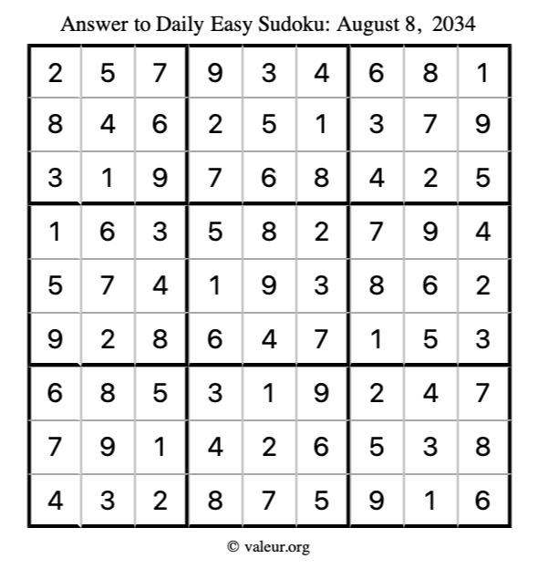 Answer to easy sudoku August 8, 2034