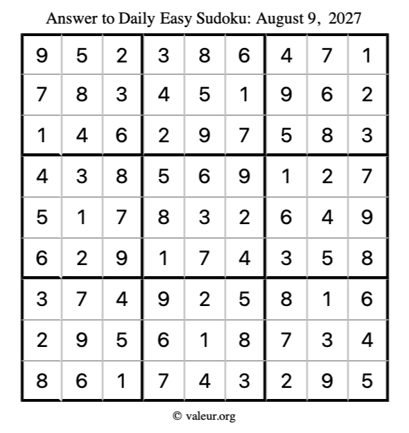 Answer to easy sudoku August 9, 2027
