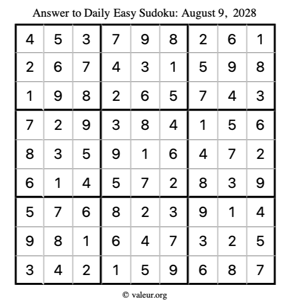 Answer to easy sudoku August 9, 2028