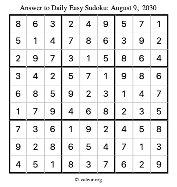 Answer to easy sudoku August 9, 2030