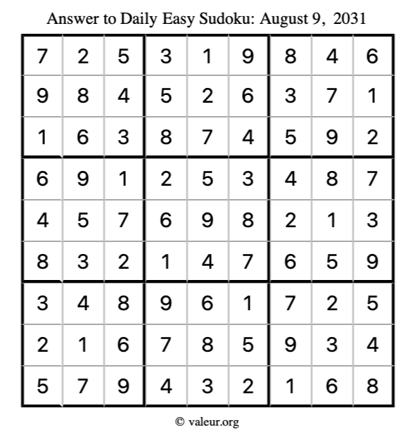 Answer to easy sudoku August 9, 2031