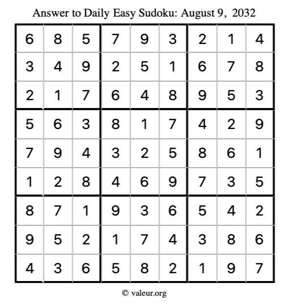 Answer to easy sudoku August 9, 2032