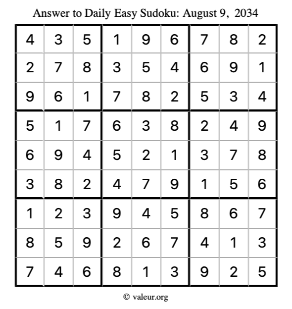 Answer to easy sudoku August 9, 2034
